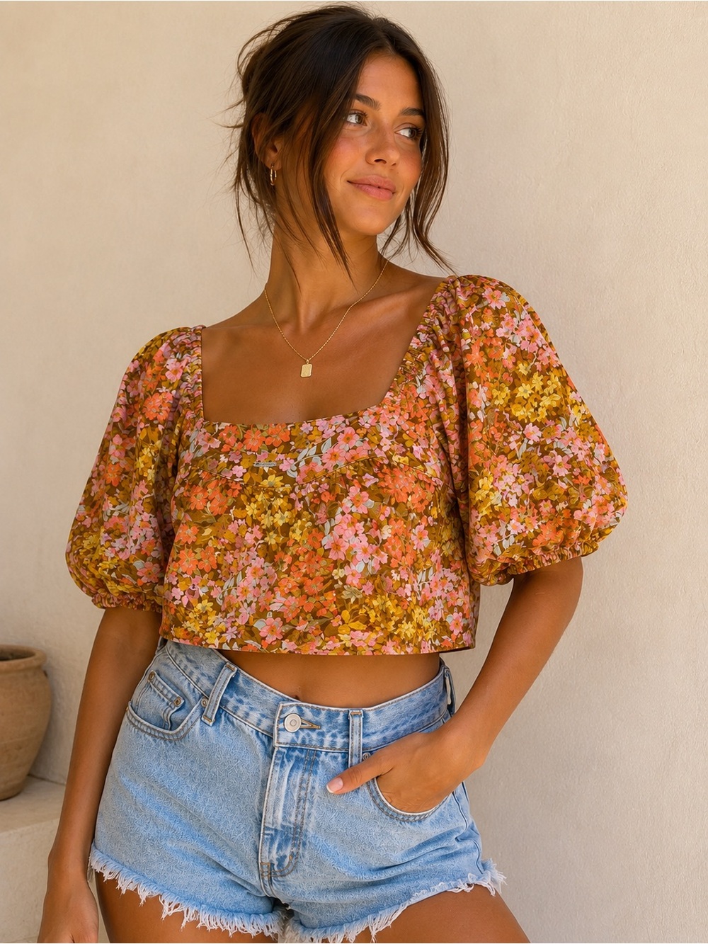 Billabong Beach Floral Puff Sleeve Crop Top Cottagecore Boho Square Neck Blouse